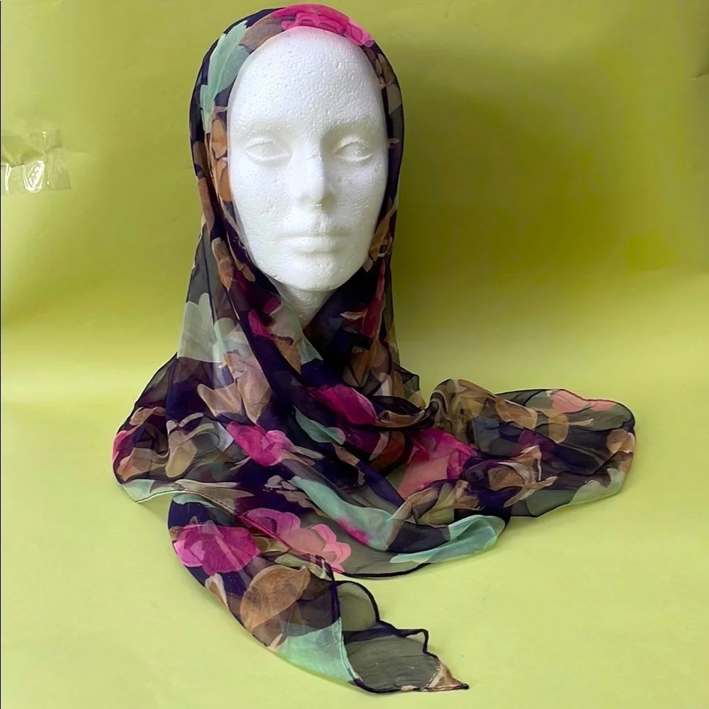 Multicolored Vintage Floral Chiffon Large Scarf